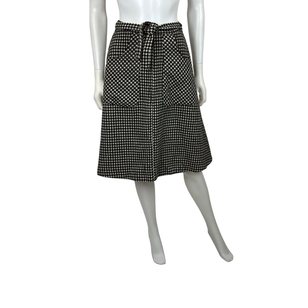 Vintage 70s Wrap Skirt Womens Small Houndstooth Black White Hip Pockets